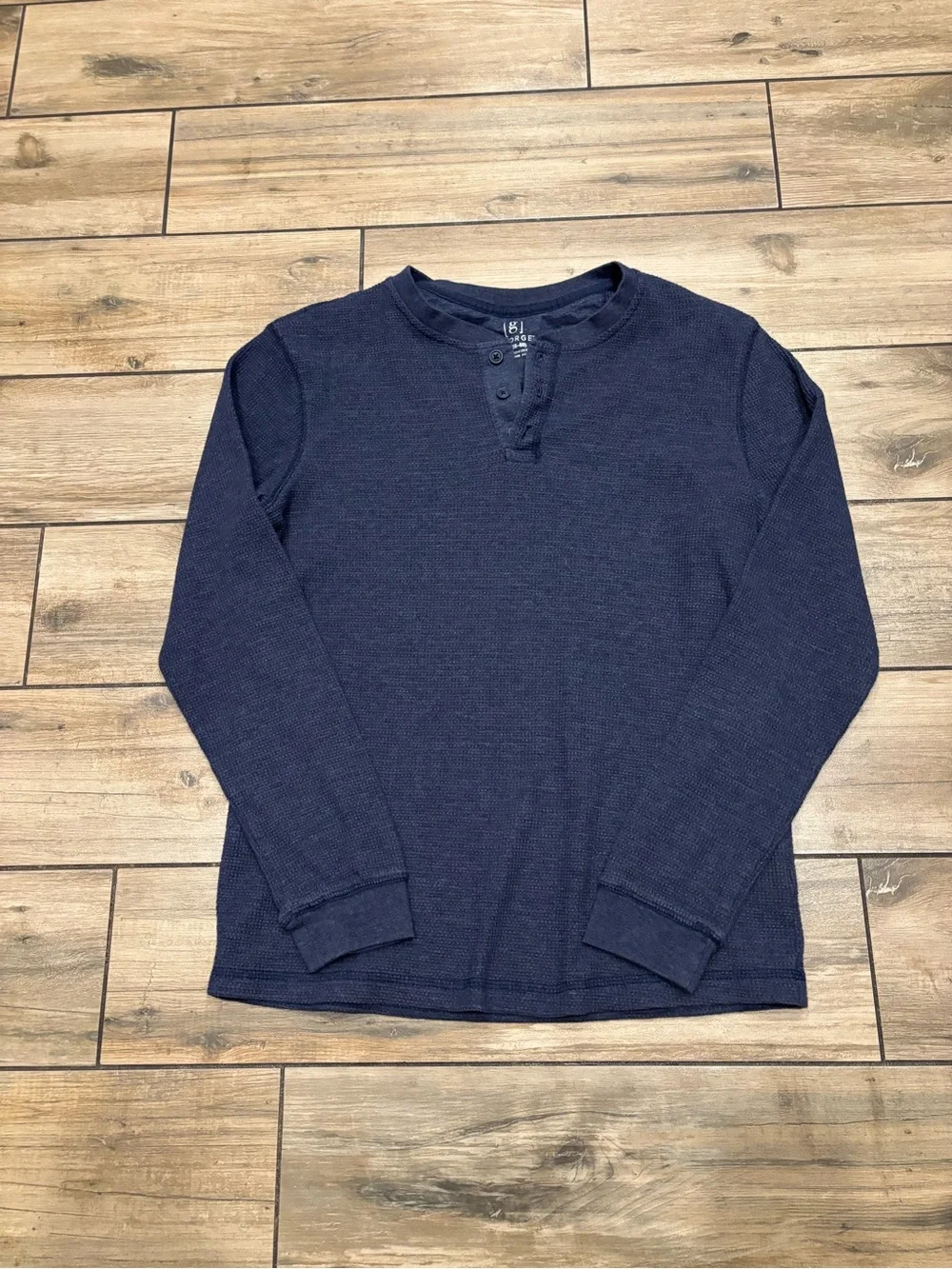 George Mens Medium Navy Blue Waffle Knit Thermal Long Sleeve Henley Shirt